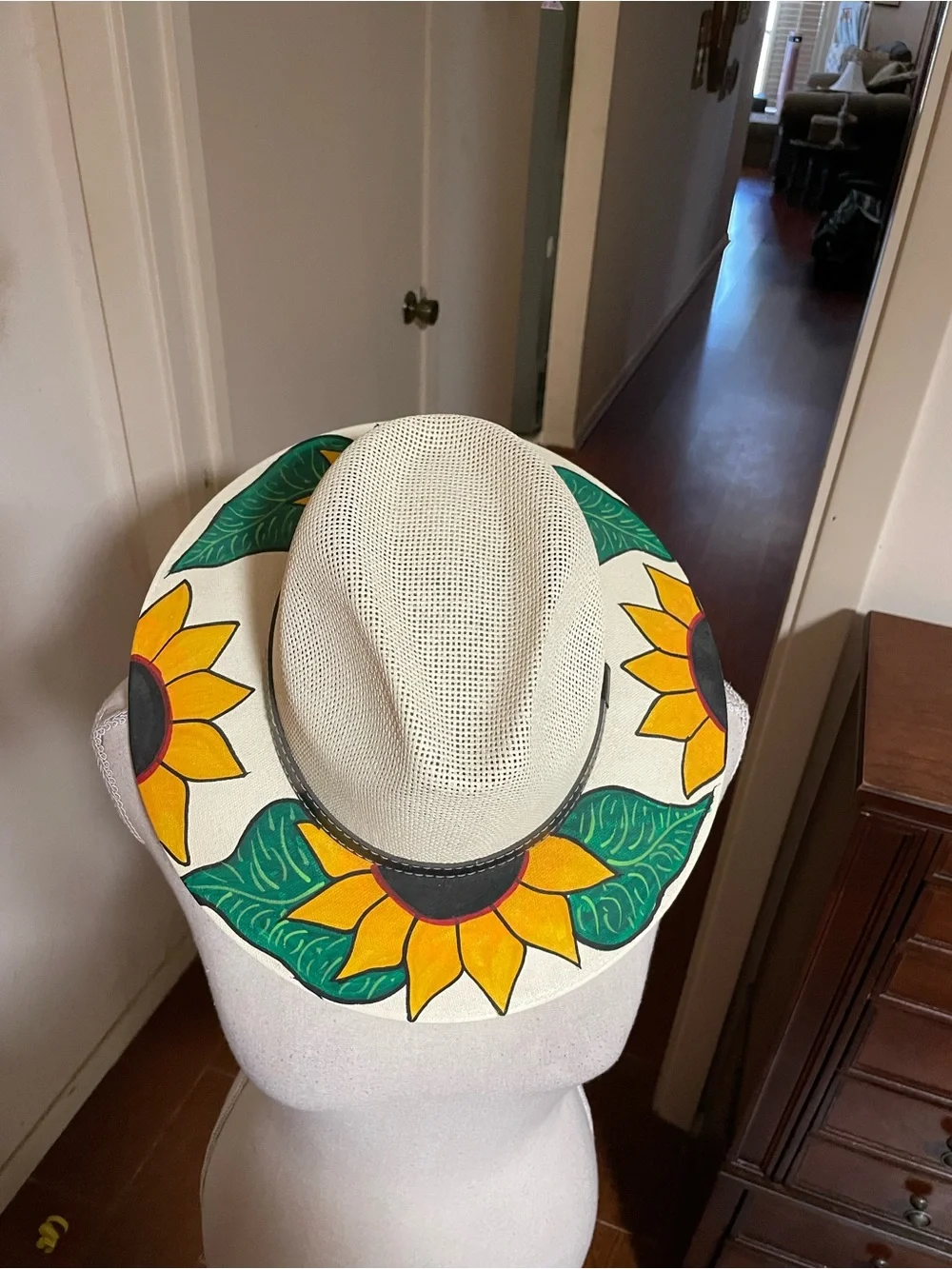 MX Mexico cream woven straw fedora hat black band hand painted sunflowers MEDIUM